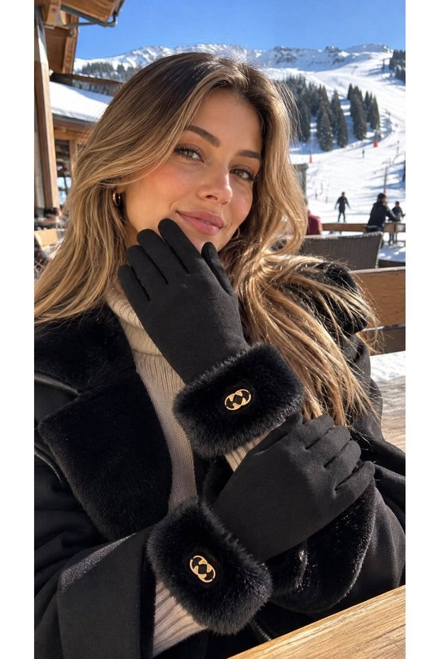 Black Ankle-Fleece Touchscreen Suede Women's Gloves