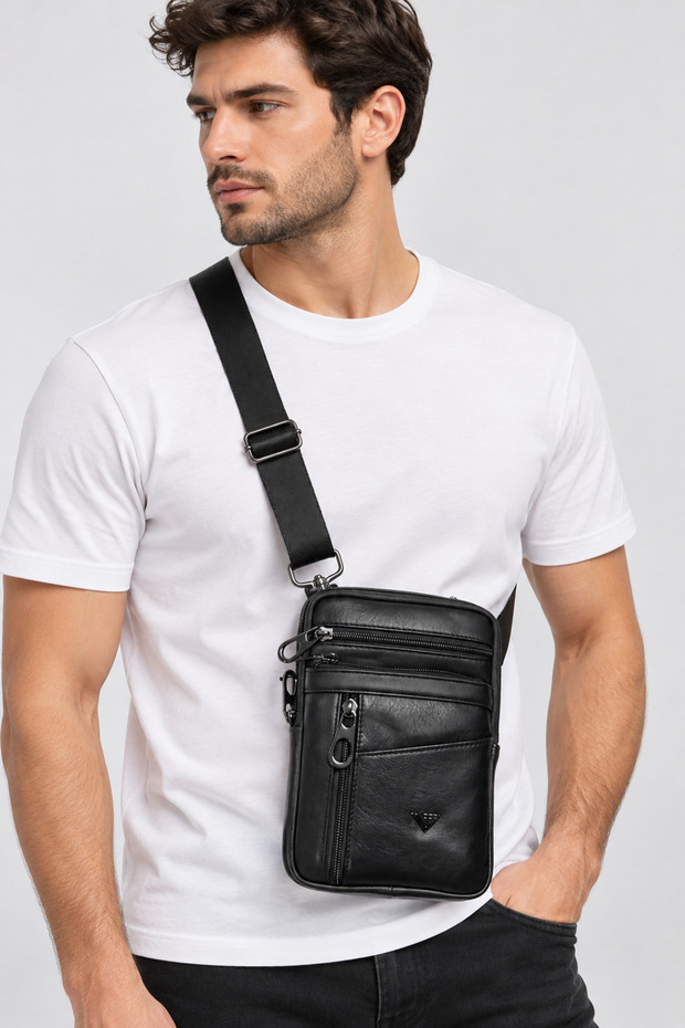 Men's Black Leather Small Crossbody Shoulder Bag