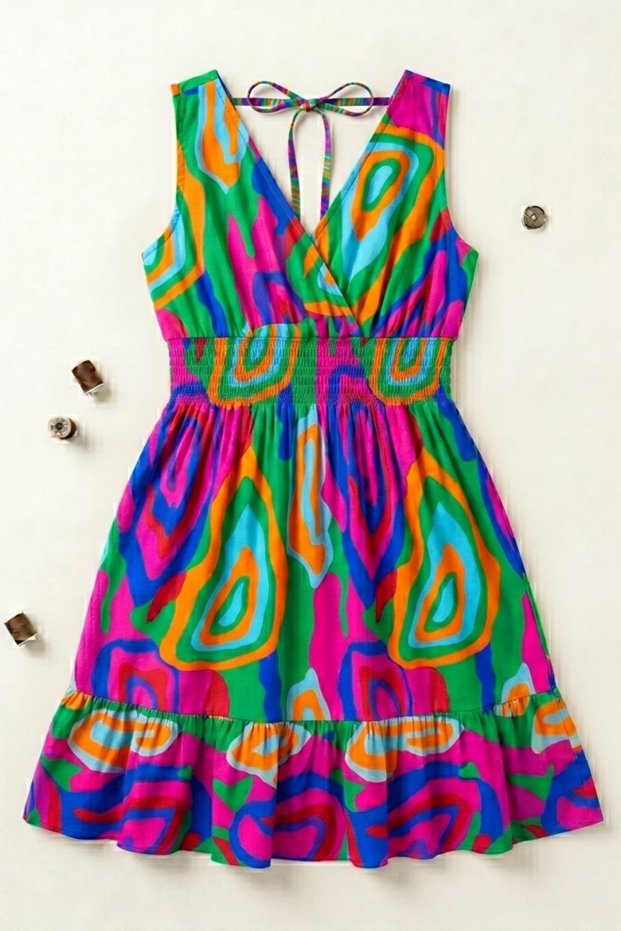Women's Short Double-Breasted Collar Skirt Ruffled Woven Dress Colorful Patterned