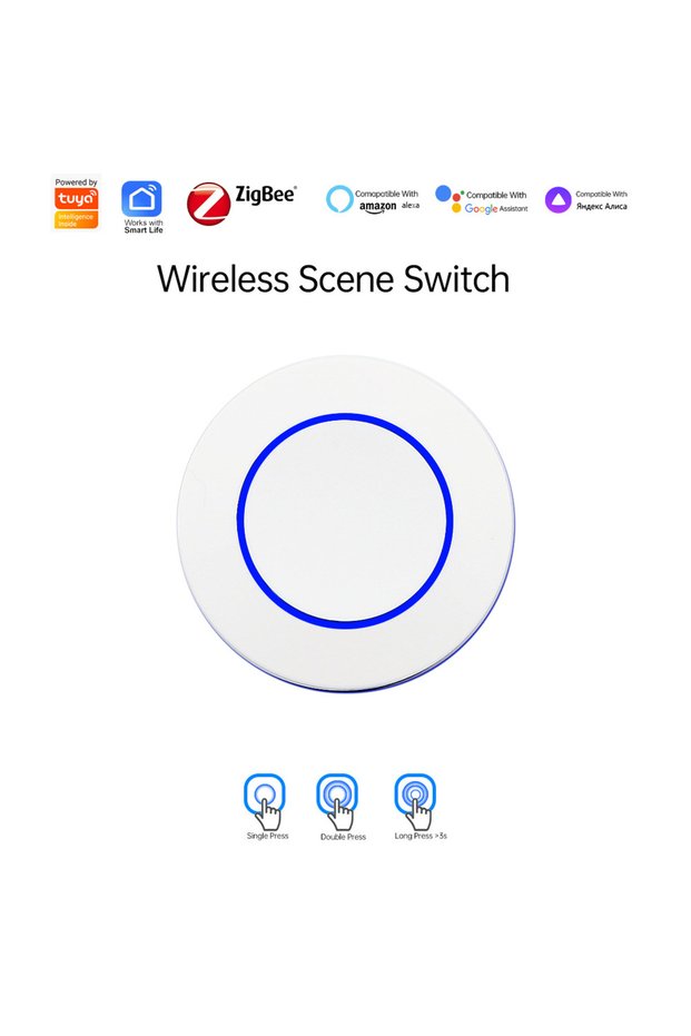 مفتاح تحكم ذكي لاسلكي أبيض يعمل بتقنية Tuya ZigBee، يعمل بالبطارية للأتمتة المنزلية