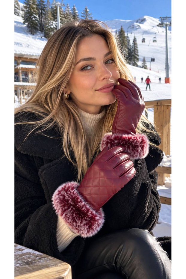 Burgundy Ankle Fur Quilted Detailed Faux Leather Women's Gloves