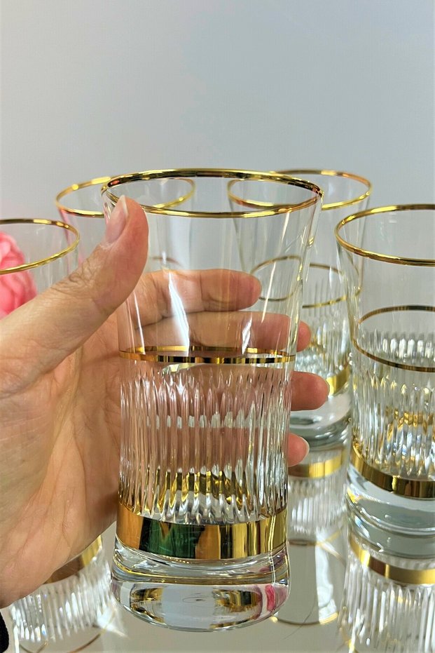 As2 Decorated Matte Gold Striped 420055 Azur Soft Drink Glass Set of 6