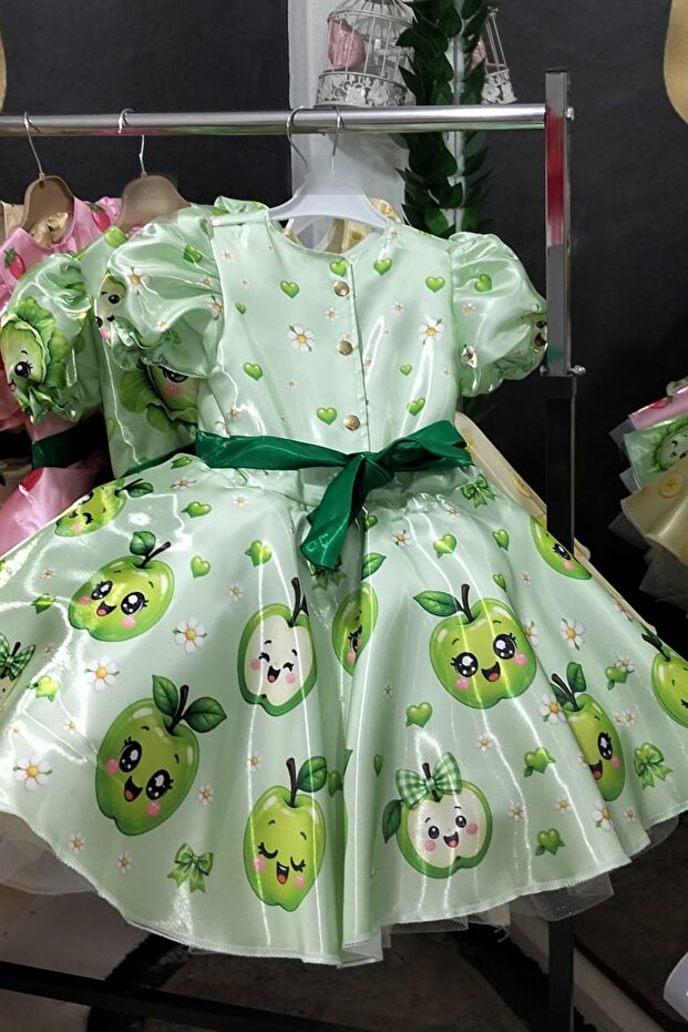 Green Apple Patterned Shiny Satin Girls' Dress with Belted Balloon Sleeves Birthday Special Occasion