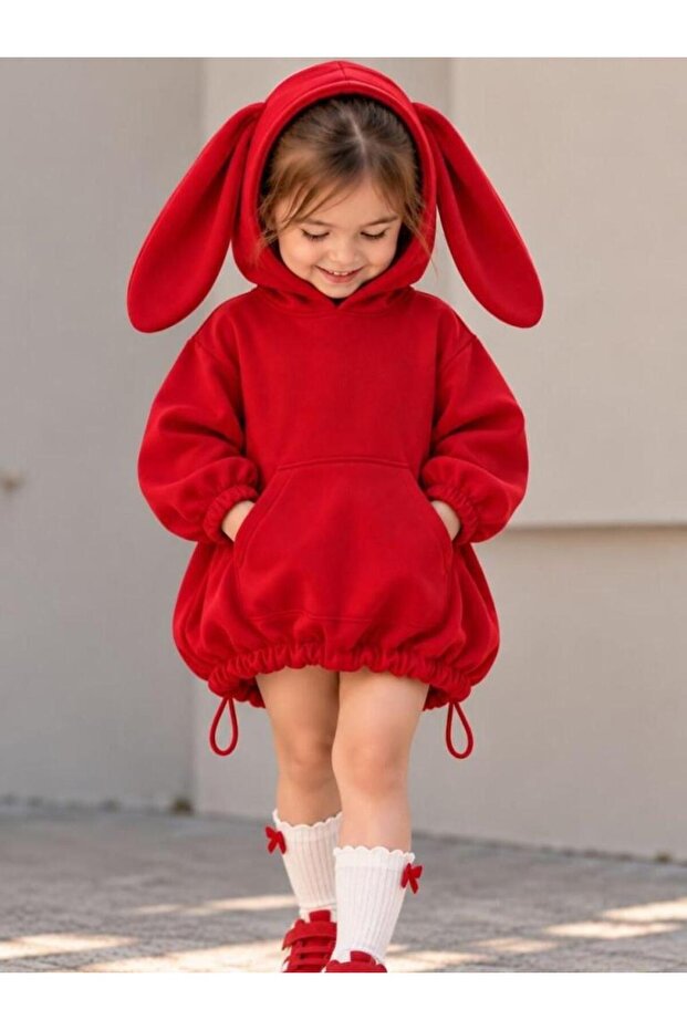 Girl's Red Rabbit Ears Hooded Kangaroo Pocket Balloon Dress and Bow Socks Set 1010-K