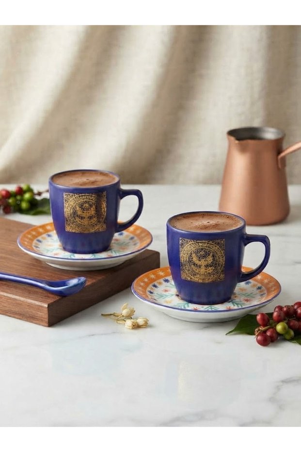 Bohemian Elegance: Set of 2 Porcelain Coffee Cups with Patterns and Gold Motifs