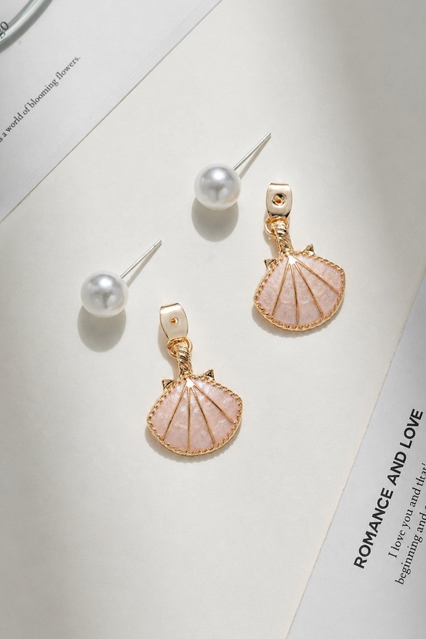 Pink Sea Shell Figured Pearl Detailed Gold Color Dangle Women's Earrings