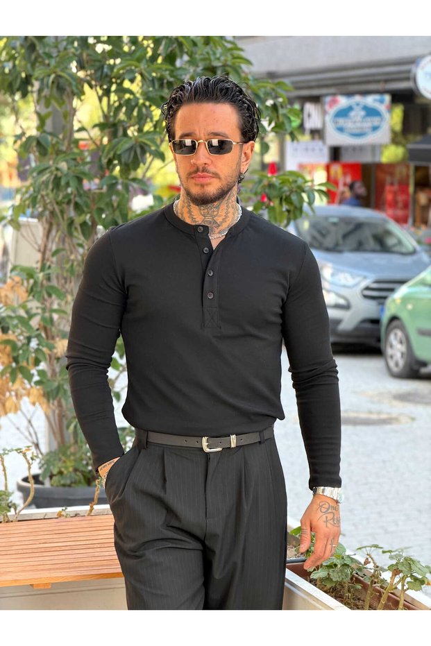 Giesto Collared Buttoned Modal Sweatshirt Black