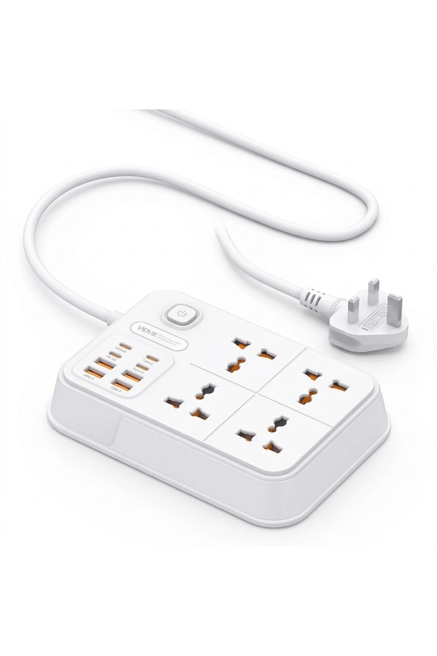 2500W Heavy Duty Power Strip - 4 Universal AC Outlets, 4 USB & 4 Type-C Ports - Multi-Plug Extension Cord with Master Switch - White