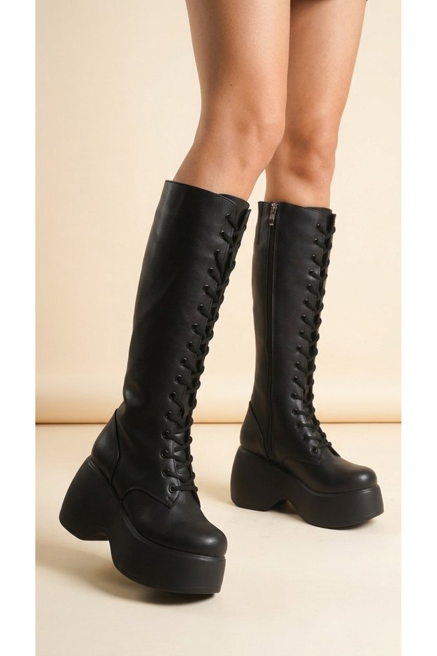 Thick High Heeled Zippered Below-The-Knee Black Plain Lace-Up Women's Boots