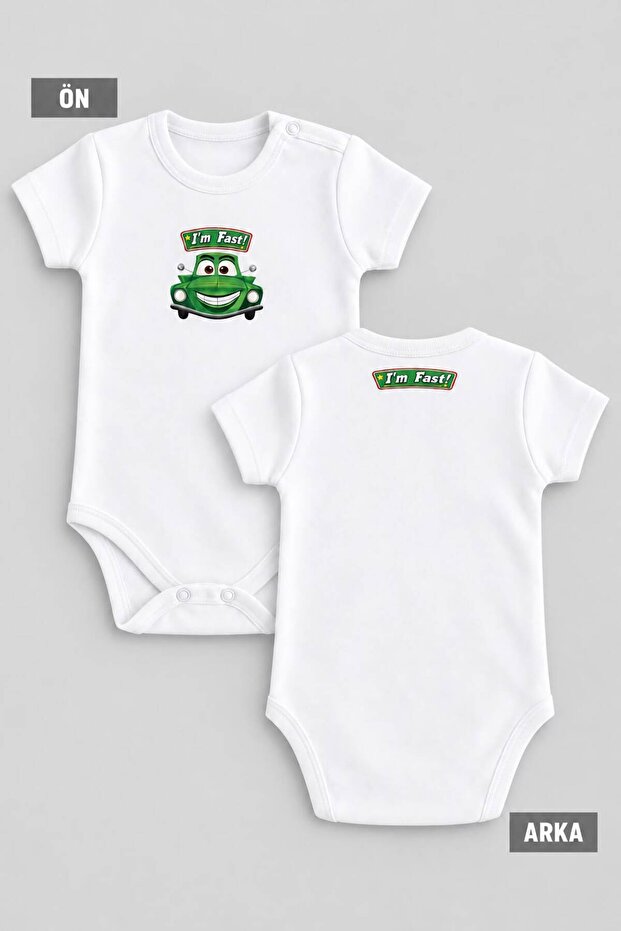 Front and Back I'M Fast Printed Baby Boy Bodysuit 100% Cotton Baby Bodysuit Short Sleeve Snap Fastener Bodysuit Gift Baby Bodysuit Ecru Green Body-21-Green