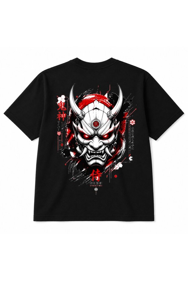 Cyber Oni Samurai Japanese Demon Mask Back Print Graphic T-Shirt
