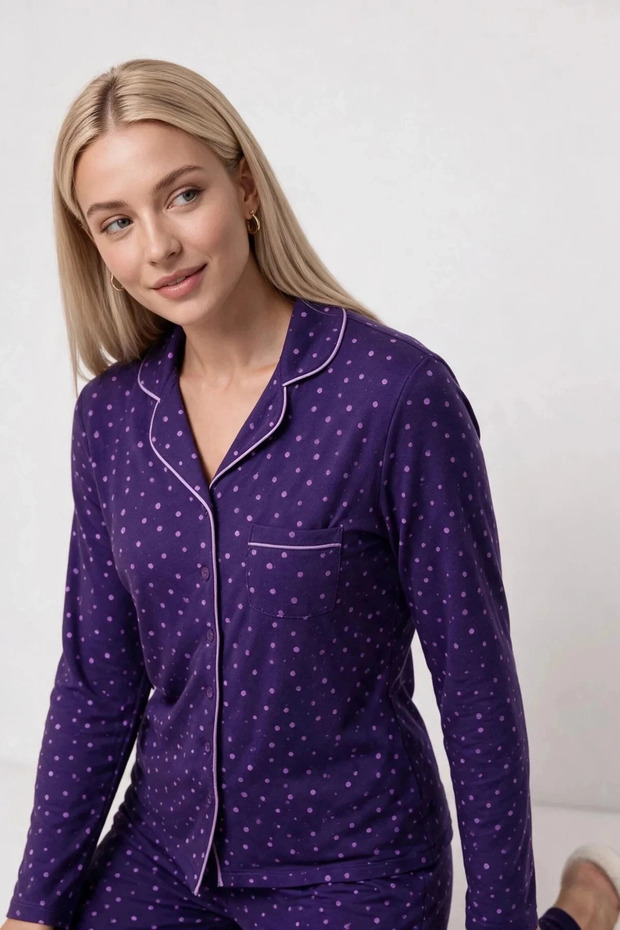 30167 Women's Long Sleeve Polka Dot Buttoned Pajama Set
