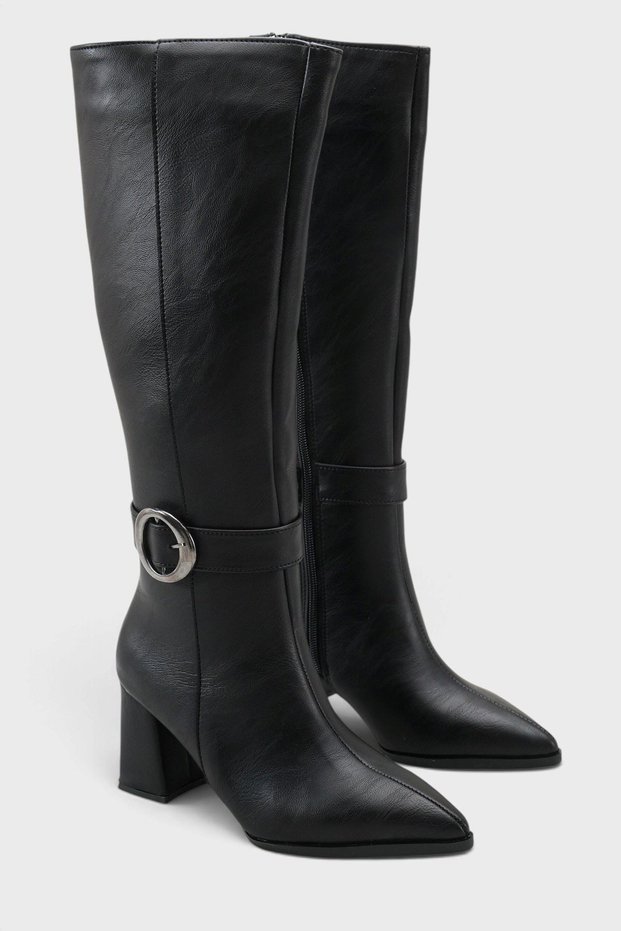 Women's Kosta Short Heeled Buckle Boots - Black-Leather