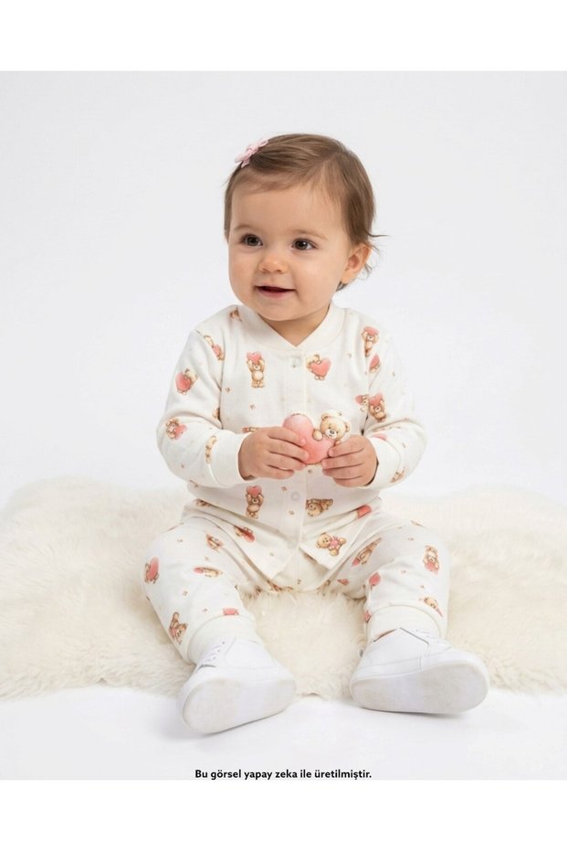 Baby Girl 6-9-12-18-24 Months Teddy Bear Printed Snap Fastener Seasonal 100% Cotton Nightgown Top and Bottom Pajama Set