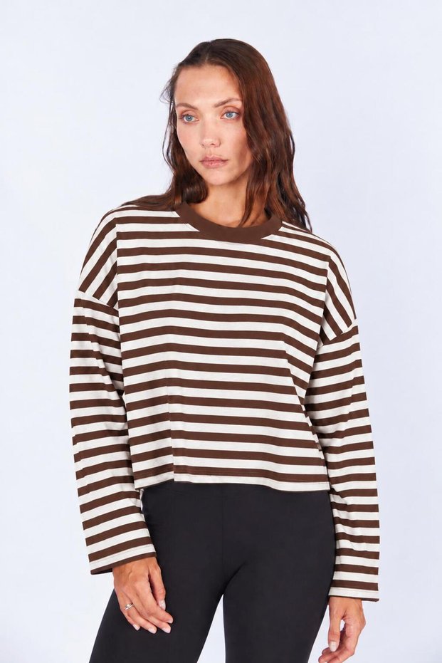 Women's Brown Crew Neck Striped Knitwear Sweatshirt