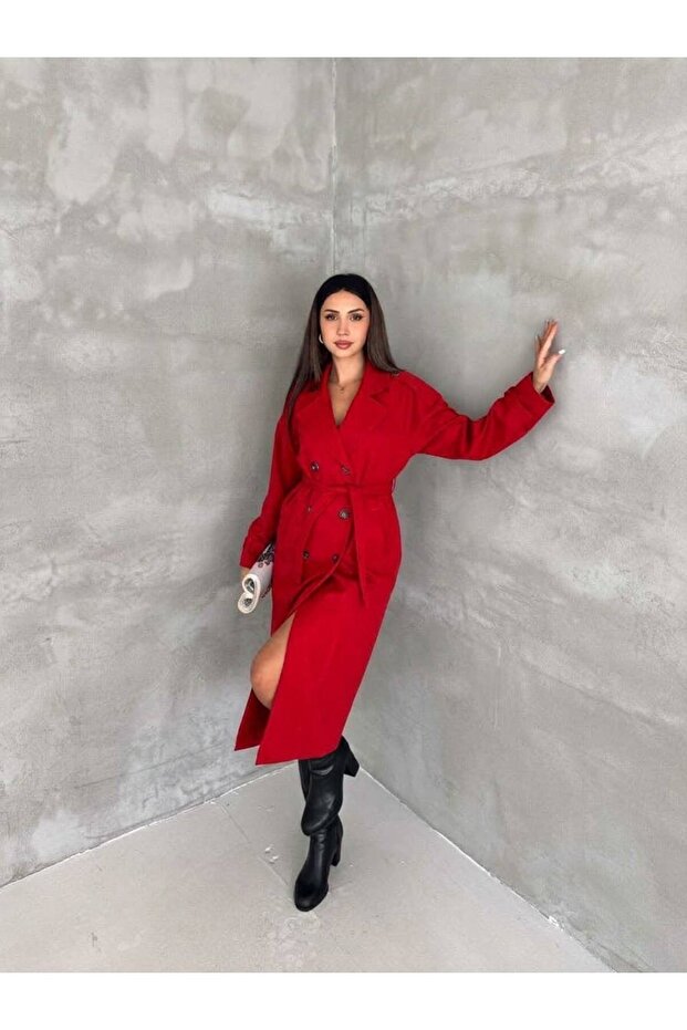 Red Color Women's Double-Breasted Collar Waterproof Long Trench Coat