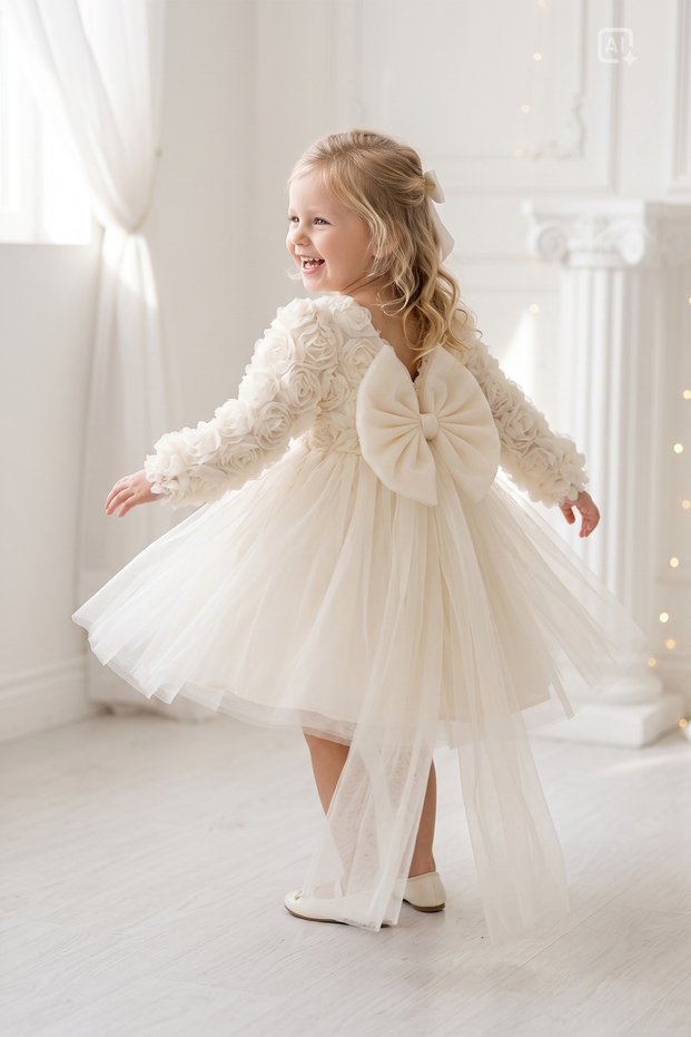 Baby Girl Kids Dress Long Sleeve Bowknot Rose Birthday Party Wedding Special Occasion Evening Dress Girls' Dress 1-5 Years