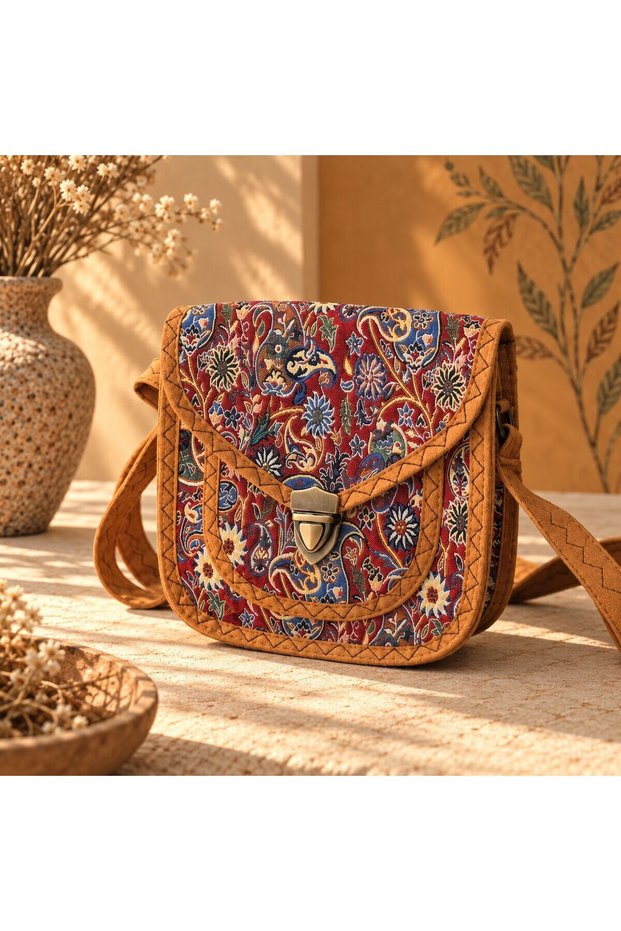 Cnt-6038 Tan Red Paisley Patterned Tapestry Small Size Messenger Bag |   Eos Collective