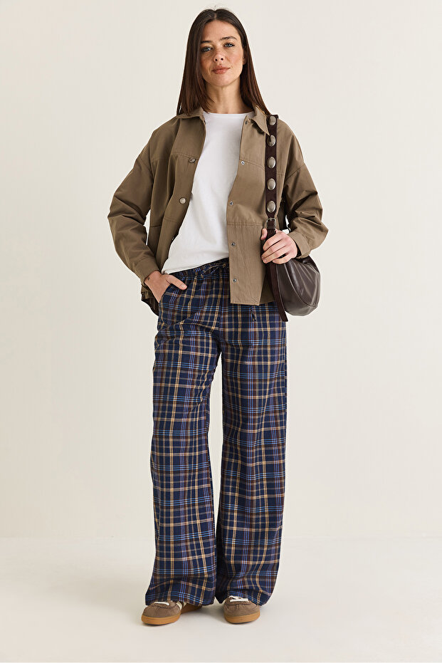 Women's Navy Blue Plaid Patterned Pocketed Elastic Waist Lace-Up Wide Leg Trousers 4073 60286673