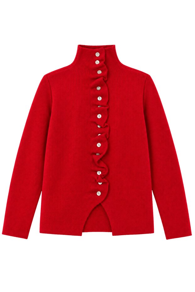 Women's Red Stand Collar Ruffle Detailed Buttoned Knitwear Cardigan