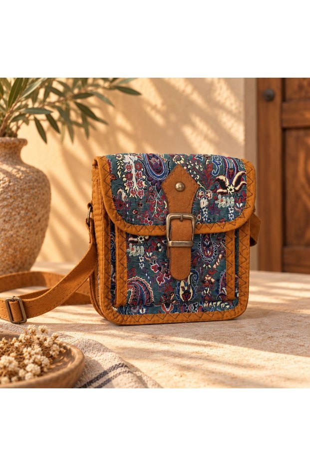 Cnt-6041 Tan Petrol Paisley Patterned Mini Crossbody Bag with Tapestry Belt Detail | Eos Collective