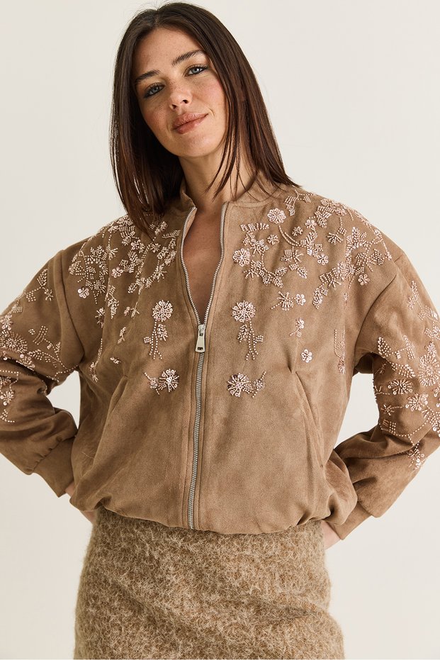 Women's Tan Floral Embroidered Beaded and Sequin Detailed Pocketed Zippered Suede Bomber Jacket 5015 60286664