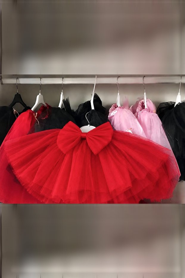 Red Bow Tutu Skirt for Girls, 6 Layers of Tulle Lining, Elastic Waist, Puffy Skirt
