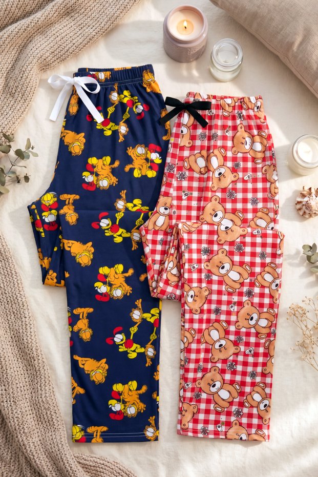 Women's 2-Piece Pajama Bottom Set Navy Blue Animal Pattern and Red Plaid Teddy Bear Pattern Comfortable Cut