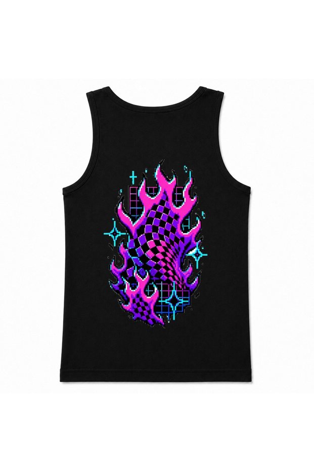 Neon Inferno Retro Pixel Flames & Checkered Vortex Graphic Tank Top