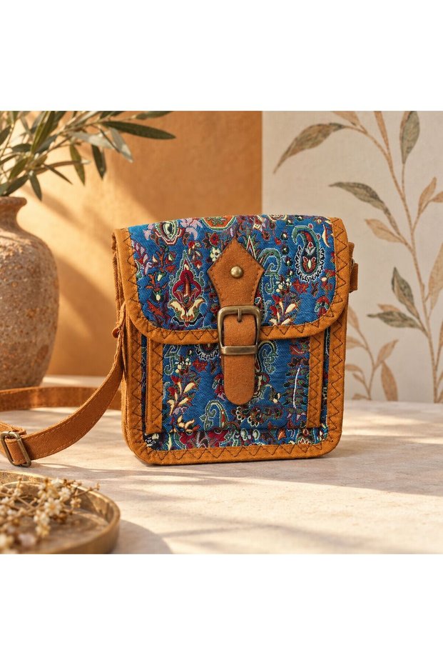 Cnt-6042 Tan Blue Paisley Patterned Mini Crossbody Bag with Tapestry Belt Detail | Eos Collective