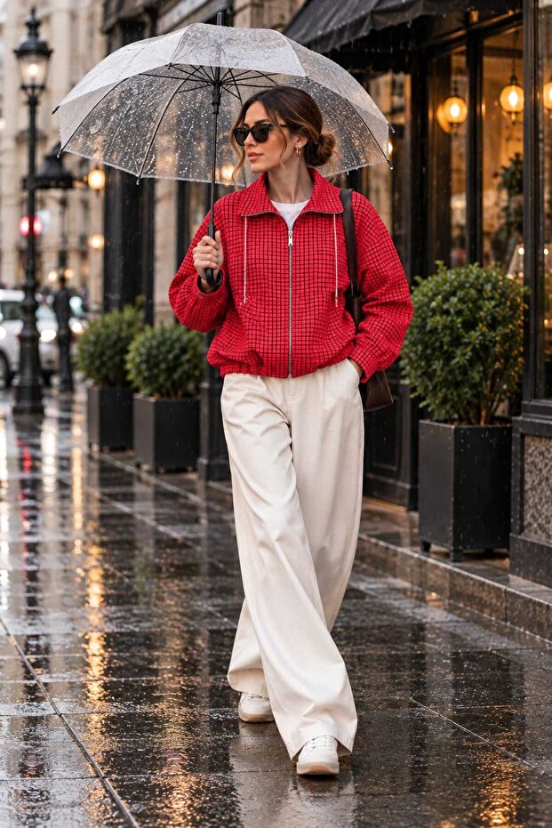 Women's Micro Plaid Patterned Lined Stand Collar Zippered Lace-Up Oversize Bomber Jacket
