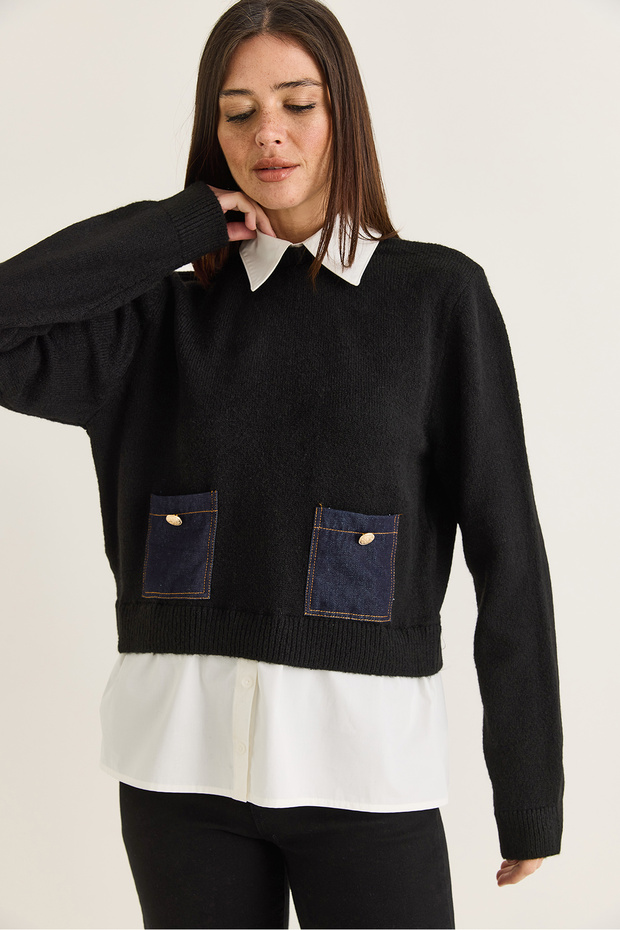 Women's Black Shirt Garnished Denim Pocket Detailed Crew Neck Knitwear Sweater Tk261127 60286681
