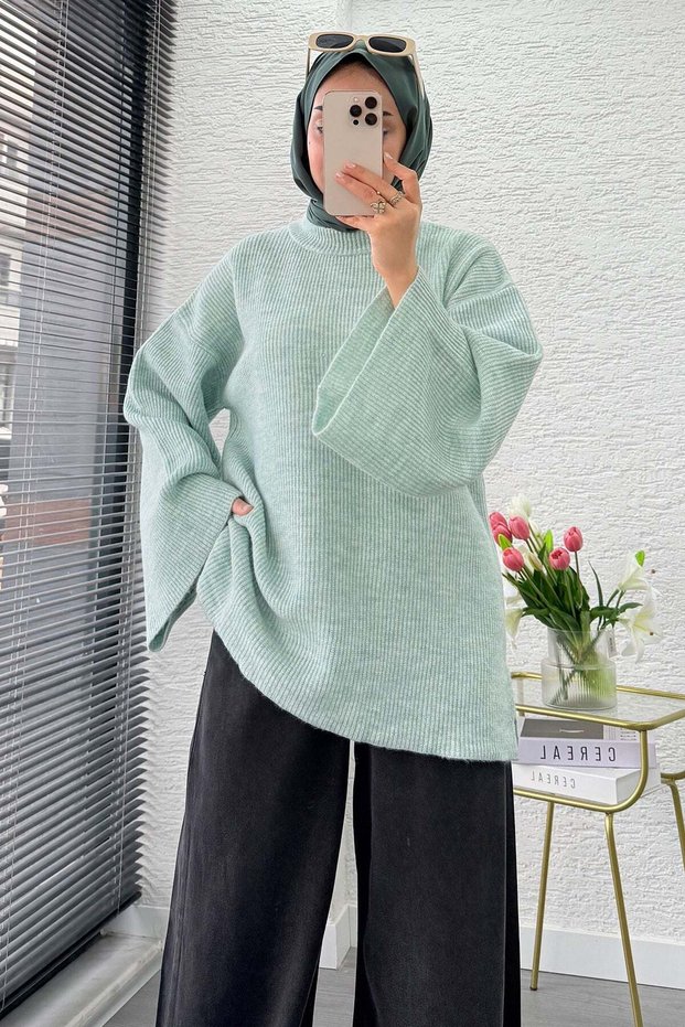 Premium Tok Textured Volan Sleeve Knitwear Sweater - Mint