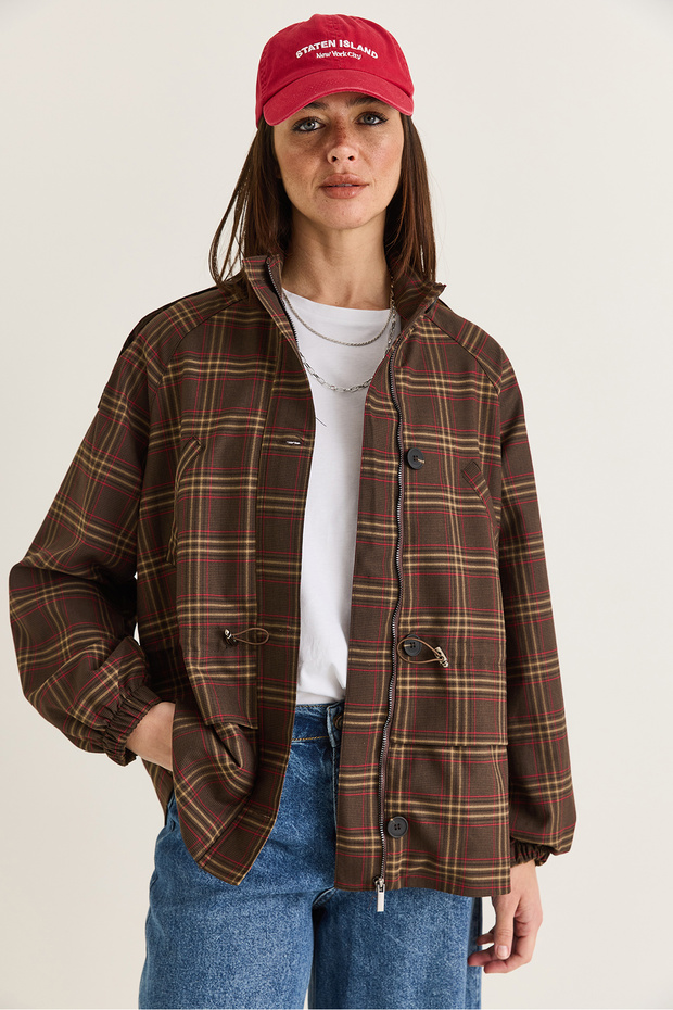 Women's Brown Plaid Patterned Waist Gathered Pocket Detailed Lined Buttoned Zippered Jacket 7076 60286677