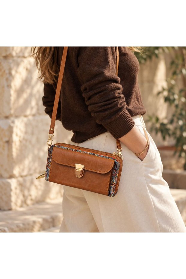 Cnt-6030 Tan Light Blue Paisley Patterned Tapestry Crossbody Wallet Bag | Eos Collective