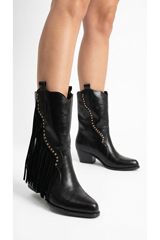 Women's Tasseled Metal Stud Detailed Thick Heeled Western Cowboy Boots