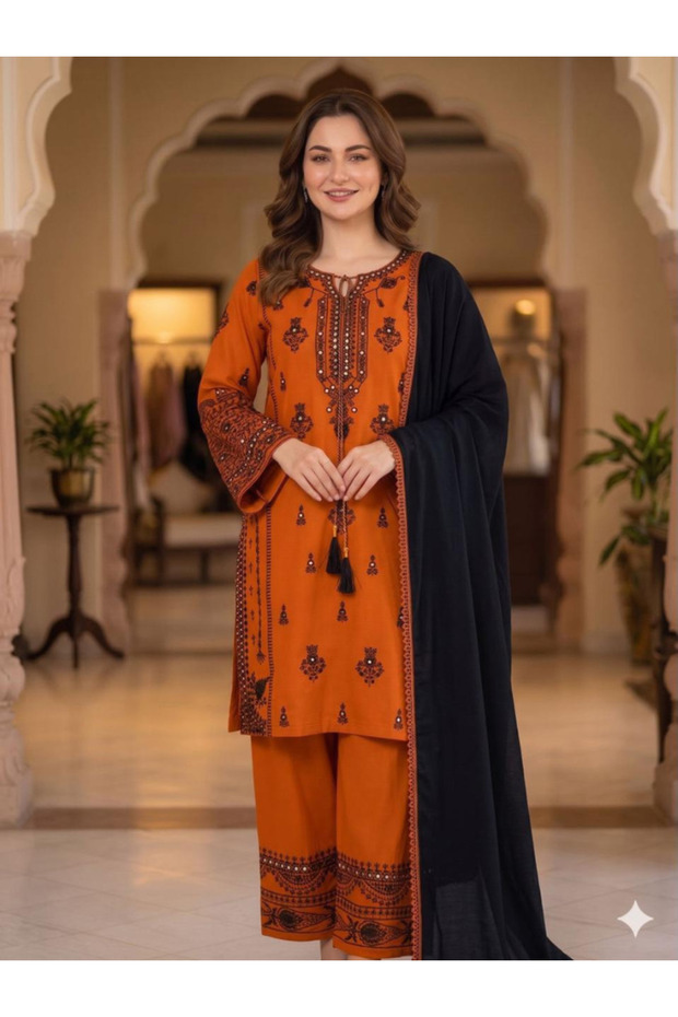 Orange Rayon Embroidered Kurta Palazzo Set - HRT9432 | Orange & Black-Size:3XL-46-Inches