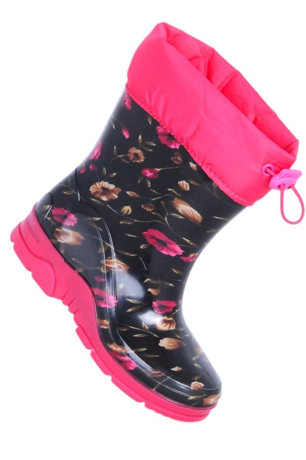 Black Floral Girls' Waterproof Fur Boots