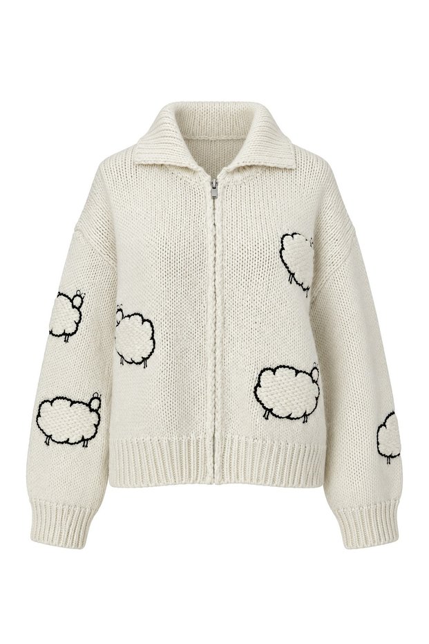 Sheep Embroidered Wool Cardigan