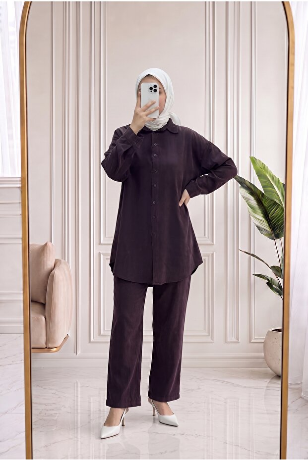 Hümanur Washable Mini Buttoned Trousers Set-Ey038 Plum