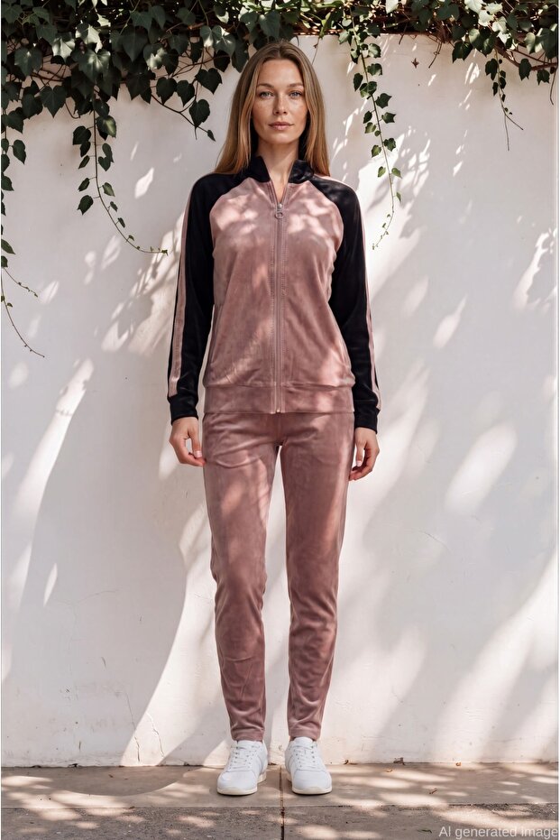 Velvet Double Color Stone Tracksuit Set - Powder