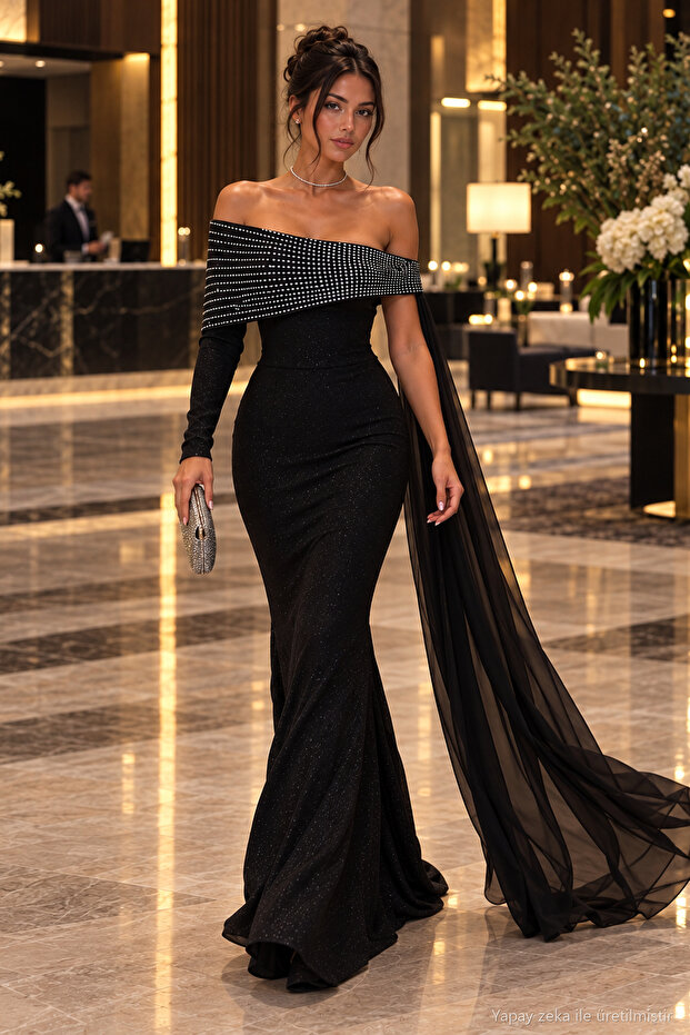Women's One-Shoulder Long Sleeve Stone Embellished Tulle Cape Detailed Fish Cut Long Evening Dress Stylish Special Event and Evening Gown