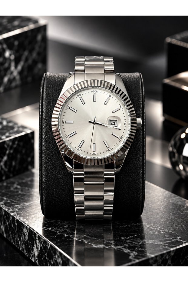 Men's Wristwatch Serrated Bezel Calendar Steel Band Stylish Classic Design