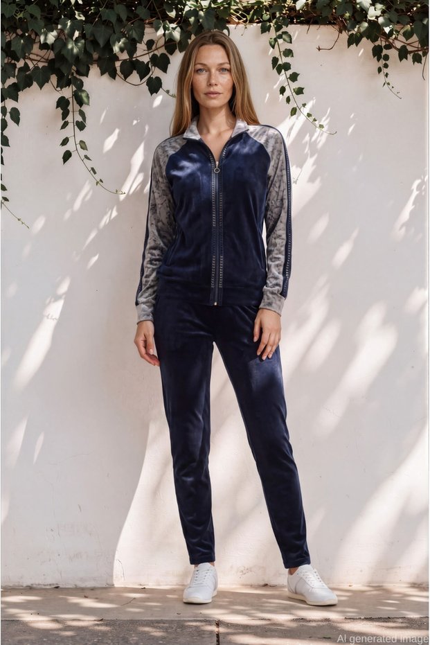 Velvet Double Color Stone Tracksuit Set