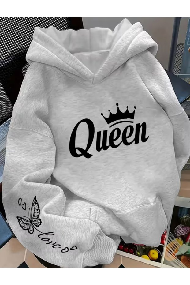 Unisex Men'S/Women's Queen Detail Printed Premium Hooded 2 Thread Oversize Sweatshirt