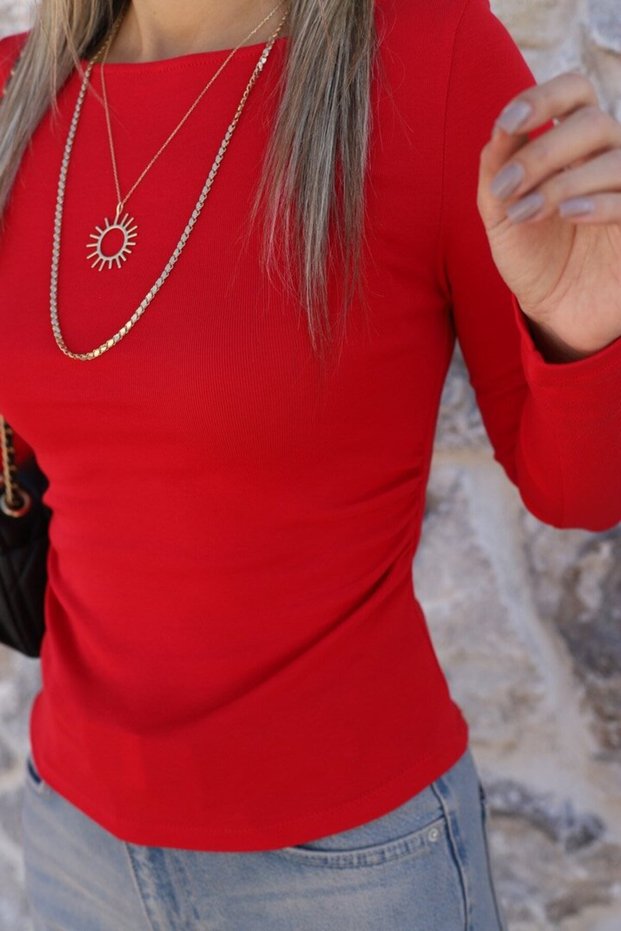 Red Gathered Boat Neck Top