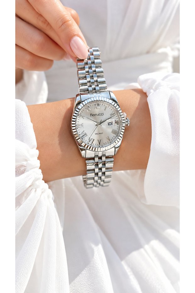 Roma Numerals-Calendar-Silver Color Steel Strap-In Stylish Box-Women's Wristwatch