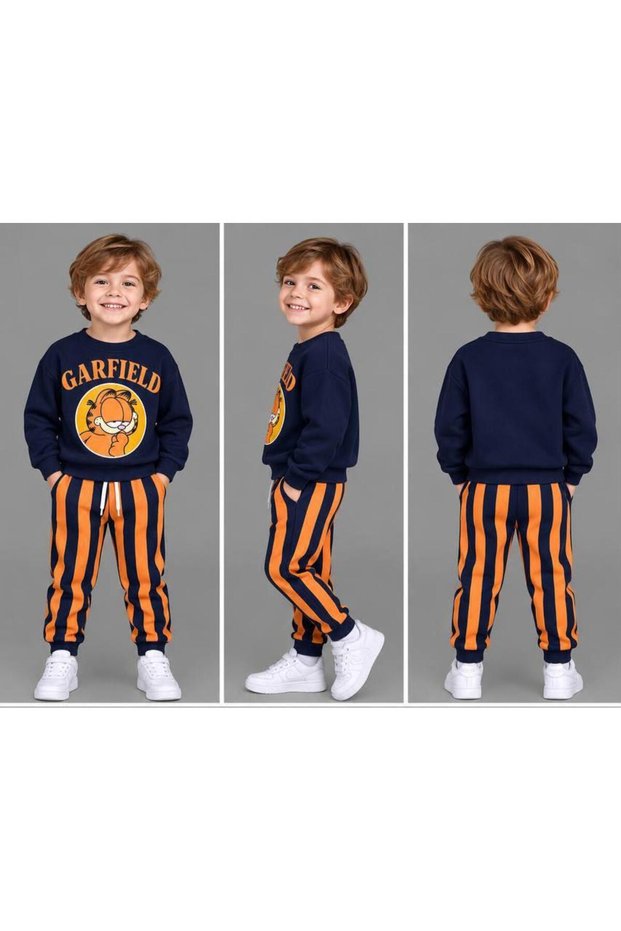 Boys' 3-Thread Ribbed Navy Blue Sweatshirt and Orange Striped Sweatpants Set – 2 Piece 0910-L