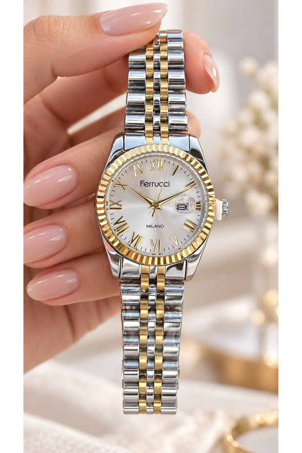 Roma Numerals-Calendar-Silver Yellow Color Steel Strap-White Dial-Stylish Box-Women's Wristwatch