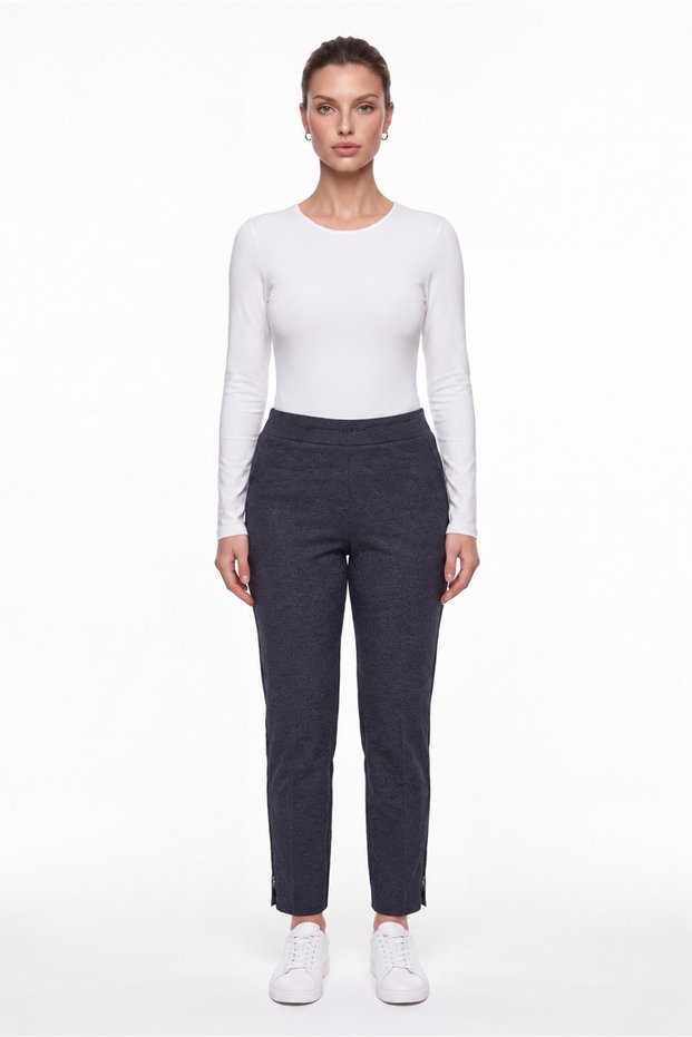 Women's Navy Blue Seasonal High-Waisted Patterned Trousers with Stone Detail on the Waist and Stone Detail on the Cuffs